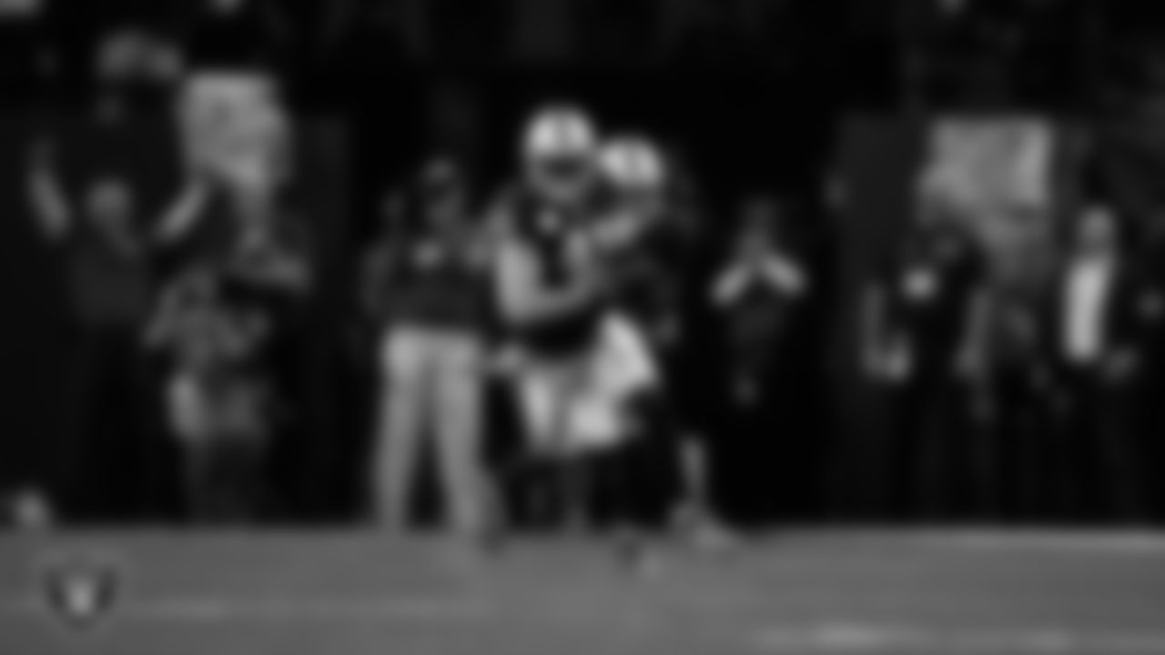 Las Vegas Raiders linebacker Robert Spillane (41) runs after making an interception during the regular season home game against the New York Jets at Allegiant Stadium.