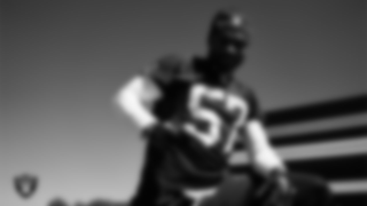 Las Vegas Raiders linebacker Jailin Walker (57) at a workout during phase two of the offseason program at Intermountain Health Performance Center.