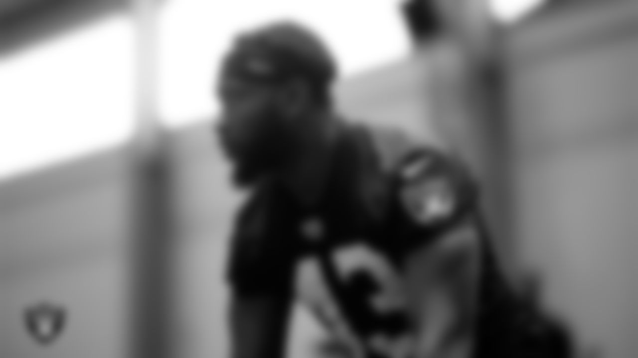 Las Vegas Raiders linebacker Michael Barrett (43) at an Organized Team Activity (OTA) at Intermountain Health Performance Center.
