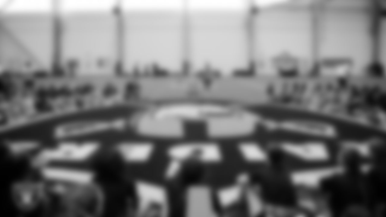 Las Vegas Raiders manager of football development Marli Bartlett speaks to athletes during a Nike 11-On event at Intermountain Health Performance Center.