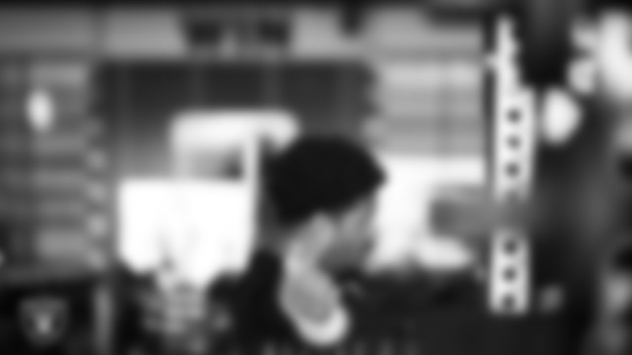 Las Vegas Raiders guard Caleb Rogers (76) in the weight room during practice at Intermountain Health Performance Center.