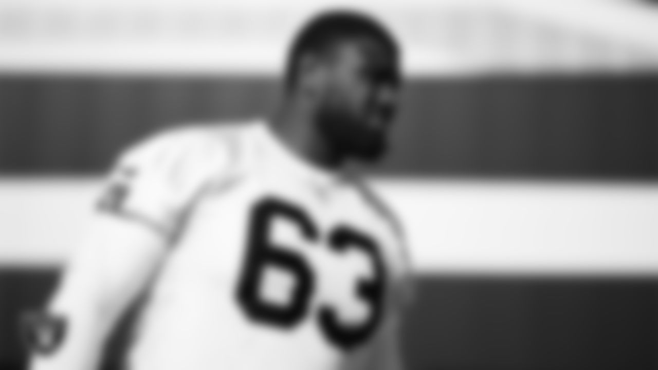 Las Vegas Raiders guard McClendon Curtis (63) during practice at Intermountain Health Performance Center.