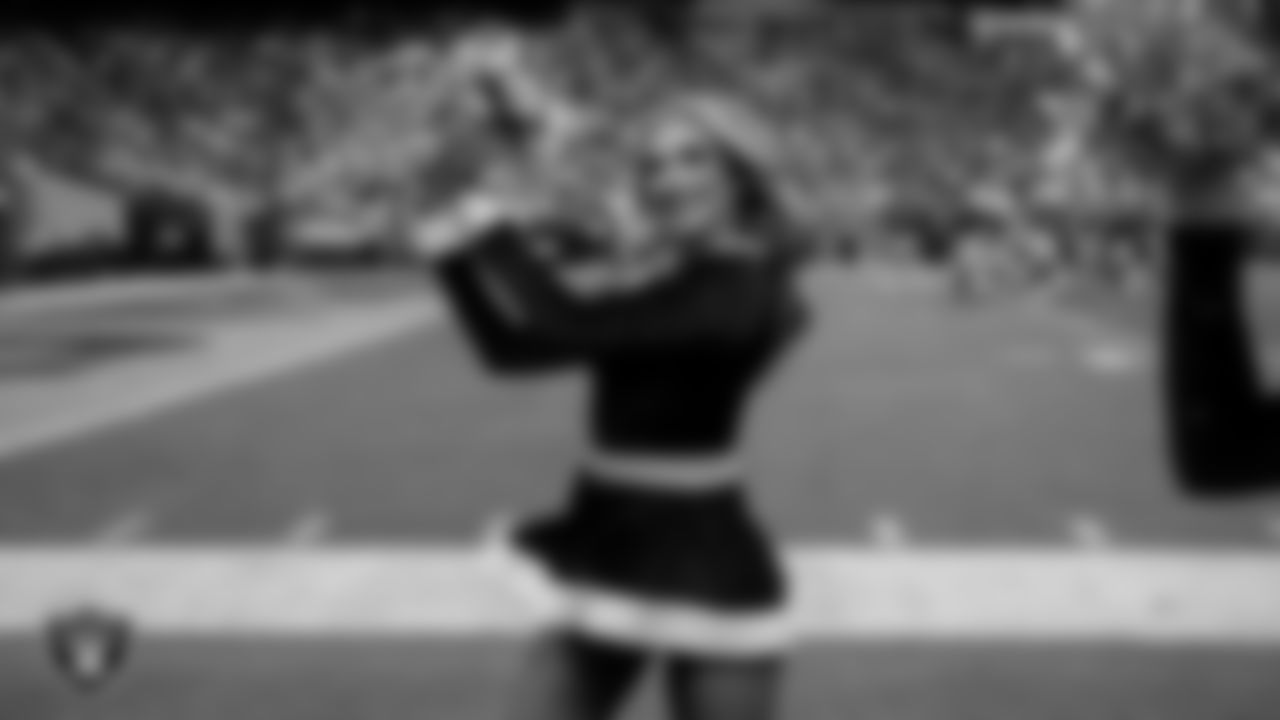 Raiderette Shelby performs on the sidelines during the regular season home game against the New York Giants at Allegiant Stadium.