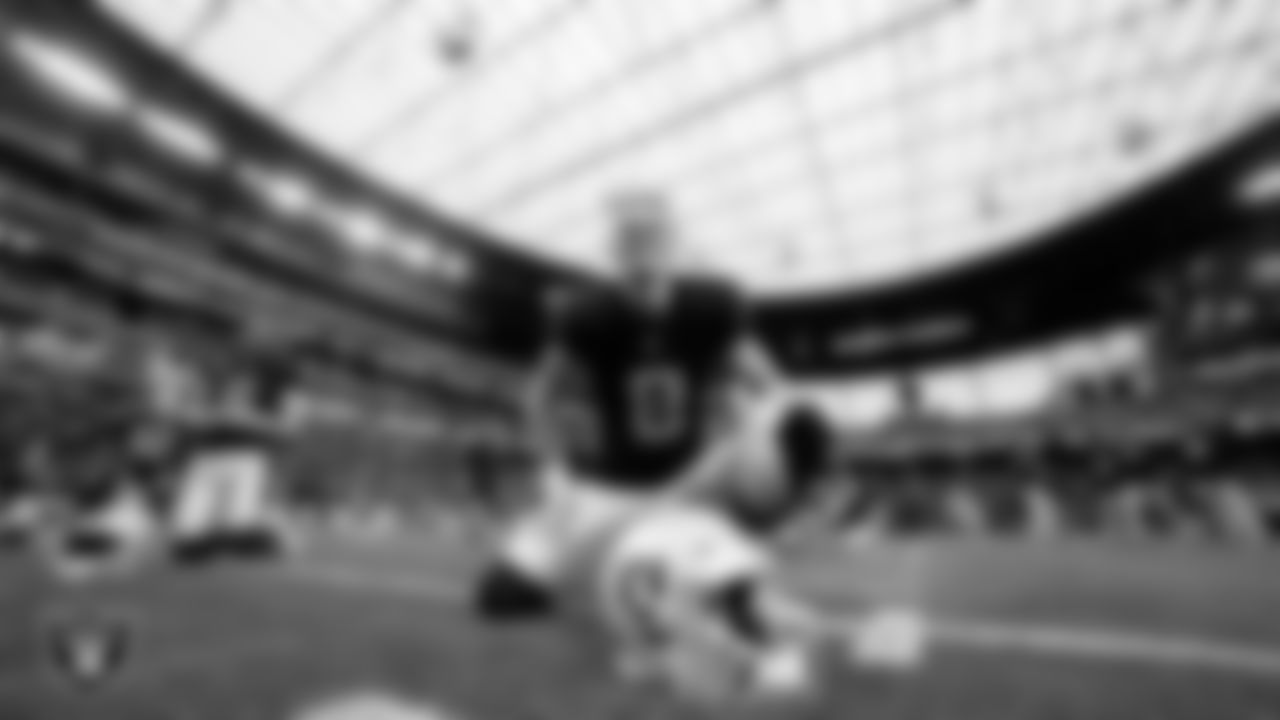 Las Vegas Raiders kicker Daniel Carlson (8) warming up before the regular season home game against the Denver Broncos at Allegiant Stadium.