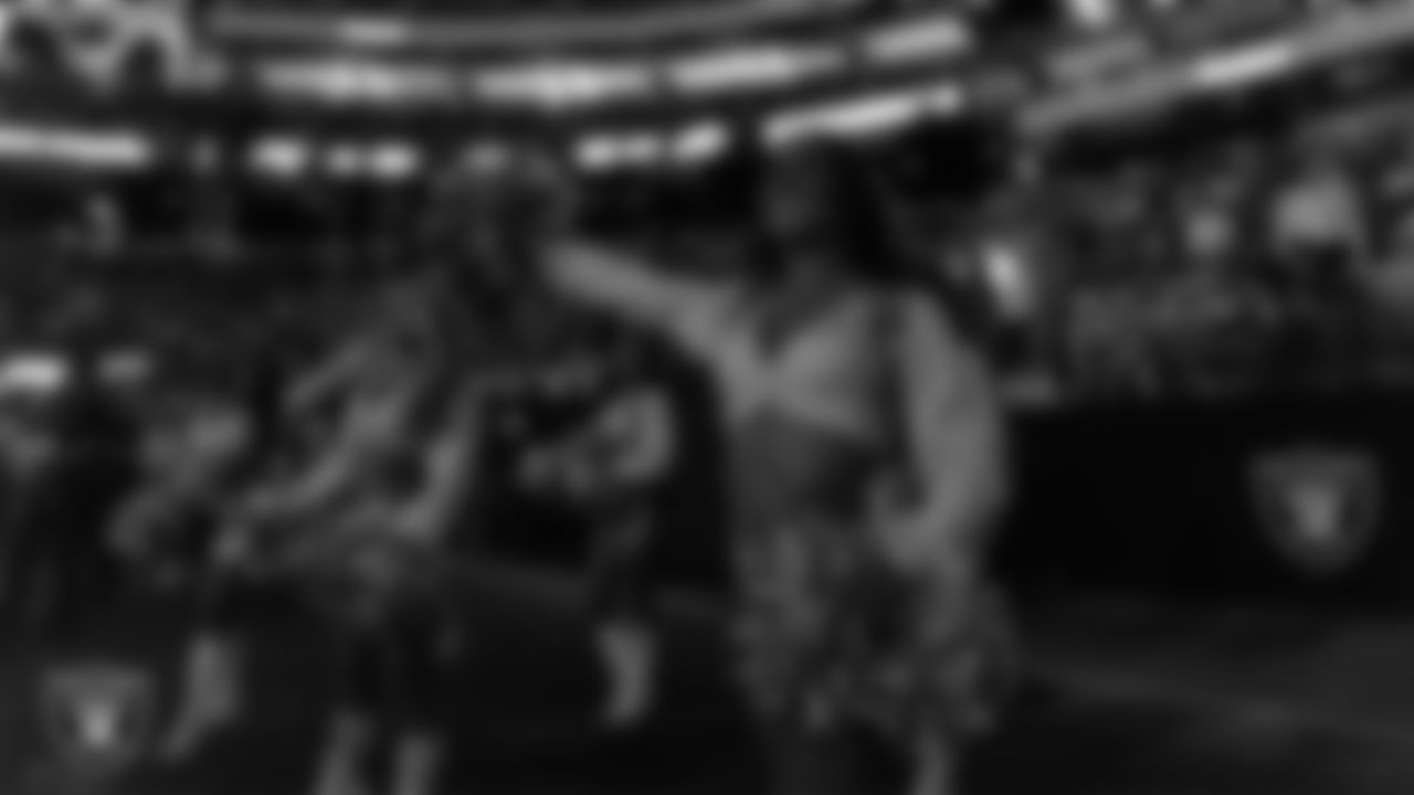 Raiderette Amanda on the sidelines during the regular season home game against the Dallas Cowboys at Allegiant Stadium.