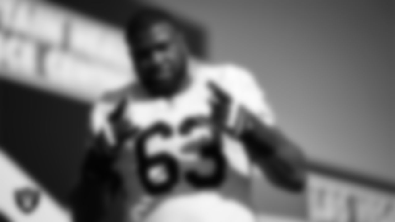 Las Vegas Raiders guard McClendon Curtis (63) during practice at Intermountain Health Performance Center.
