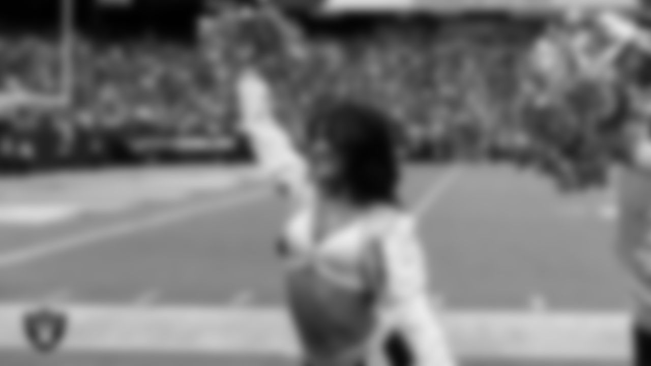 Raiderette Macy on the sidelines during the preseason home game against the San Francisco 49ers at Allegiant Stadium.