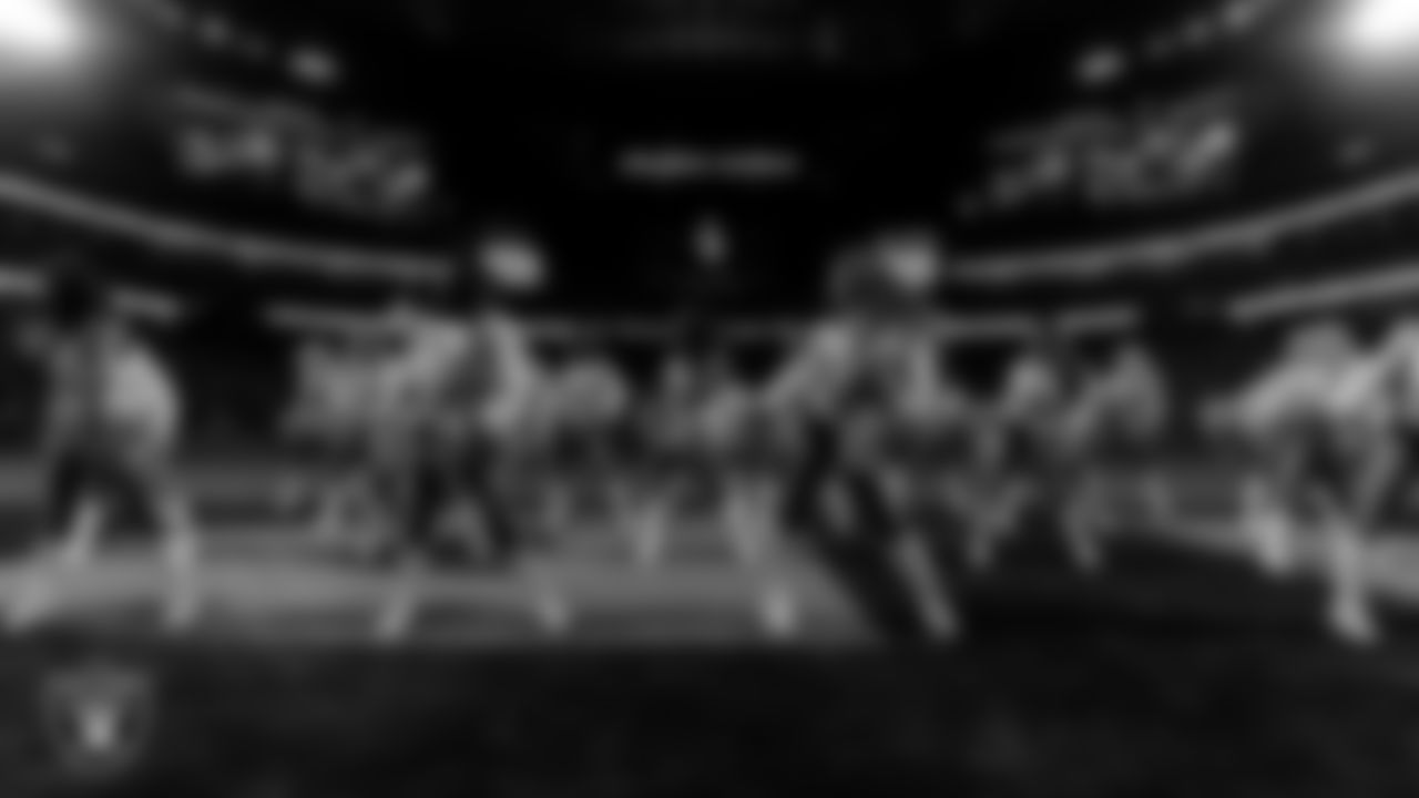 The Raiderettes perform on the field during the regular season home game against the Dallas Cowboys at Allegiant Stadium.
