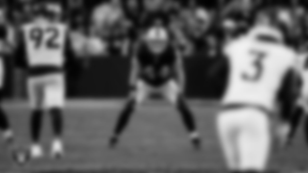 Las Vegas Raiders linebacker Tommy Eichenberg (44) lines up before the kickoff during the regular season home game against the Denver Broncos at Allegiant Stadium.