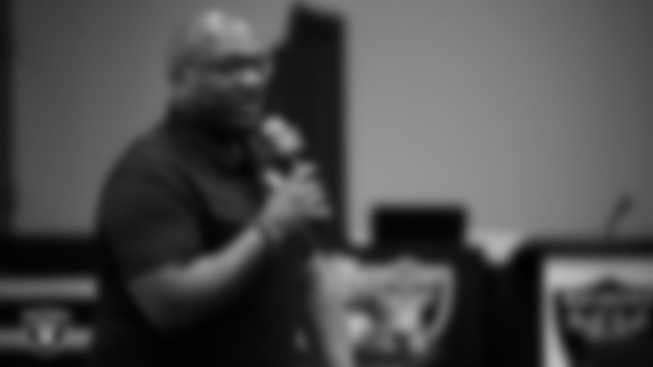 Las Vegas Raiders radio analyst Kirk Morrison speaks during the State of the Team at Intermountain Health Performance Center.