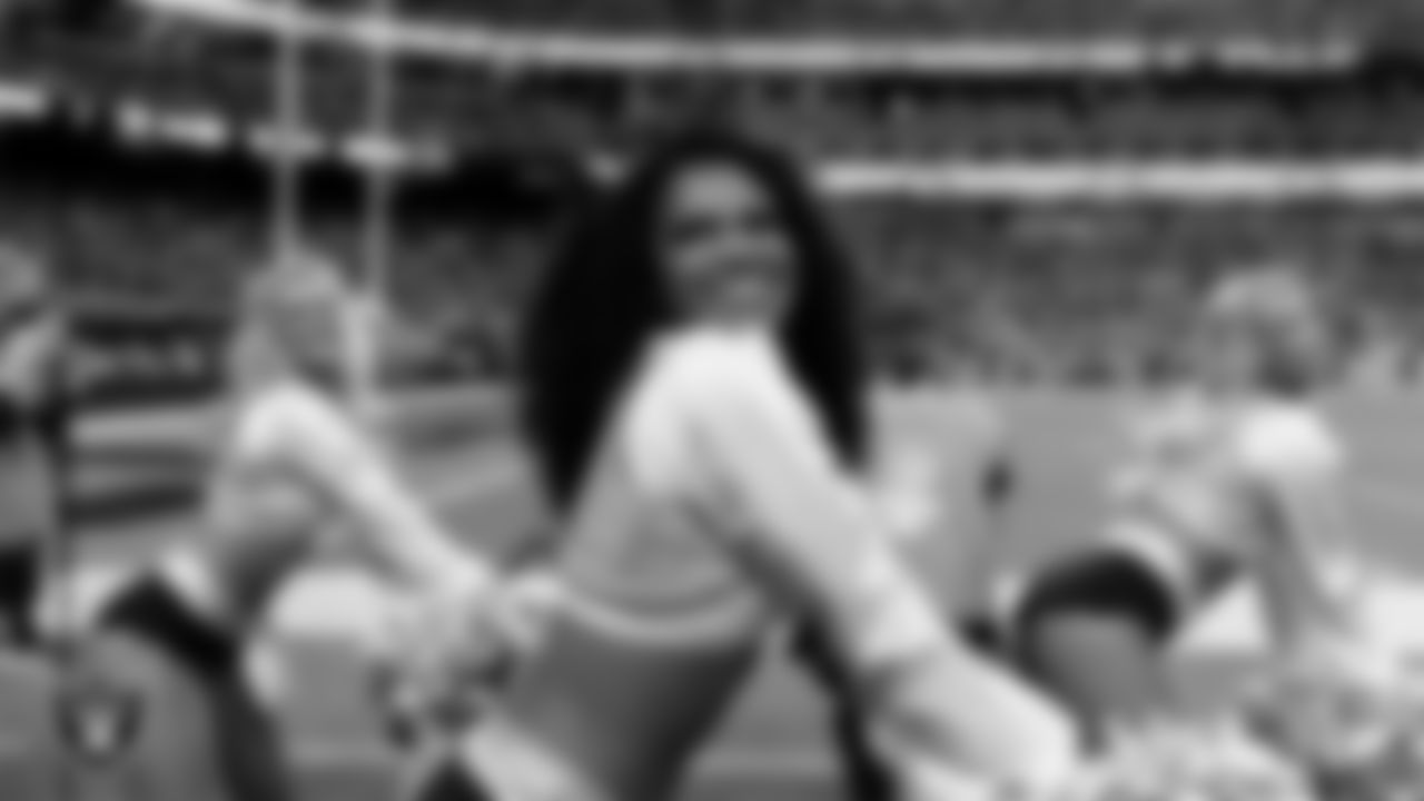 Raiderette Shayla performs on the sidelines during the regular season home game against the Cleveland Browns at Allegiant Stadium.