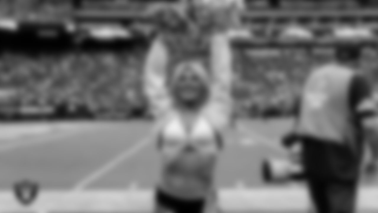 Raiderette Isabella on the sidelines during the preseason home game against the San Francisco 49ers at Allegiant Stadium.