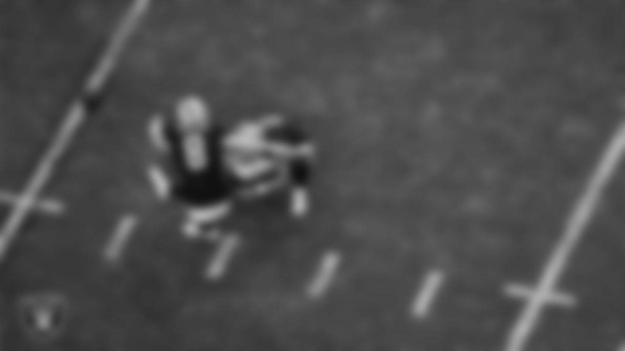 Las Vegas Raiders kicker Daniel Carlson (8) kicks a 32-yard field goal during the regular season home game against the Kansas City Chiefs at Allegiant Stadium.