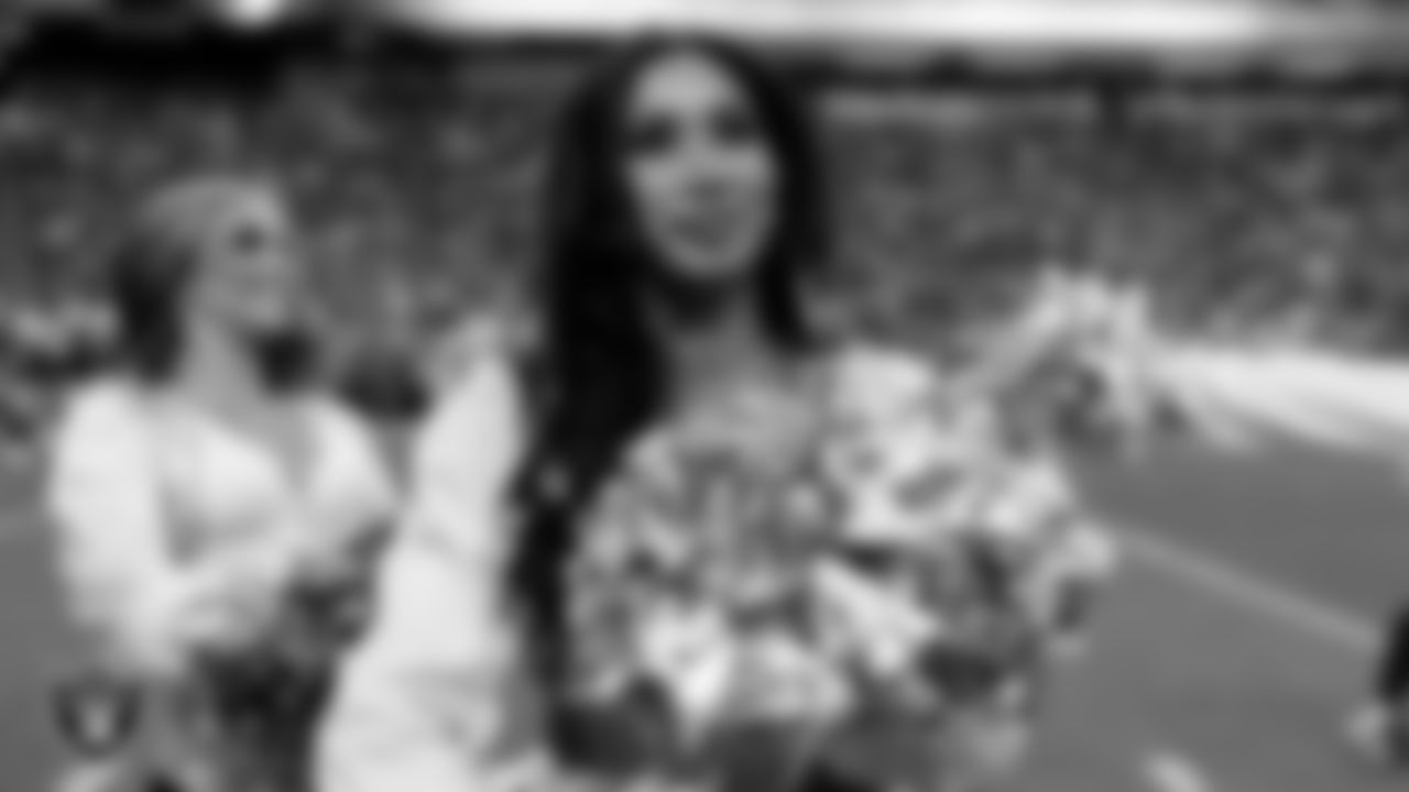 Raiderette Meekela on the sidelines during the regular season home game against the Denver Broncos at Allegiant Stadium.