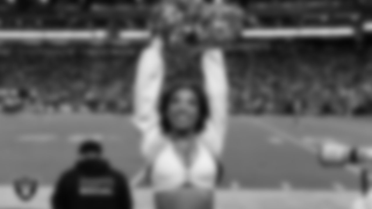 Raiderette Bria on the sidelines during the regular season home game against the Los Angeles Chargers at Allegiant Stadium.