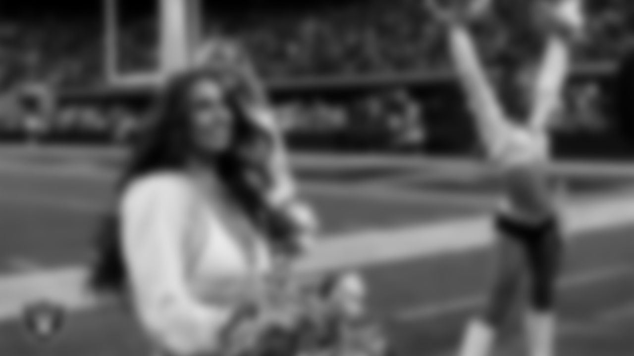 Raiderette Raegen on the sidelines during the regular season home game against the Denver Broncos at Allegiant Stadium.