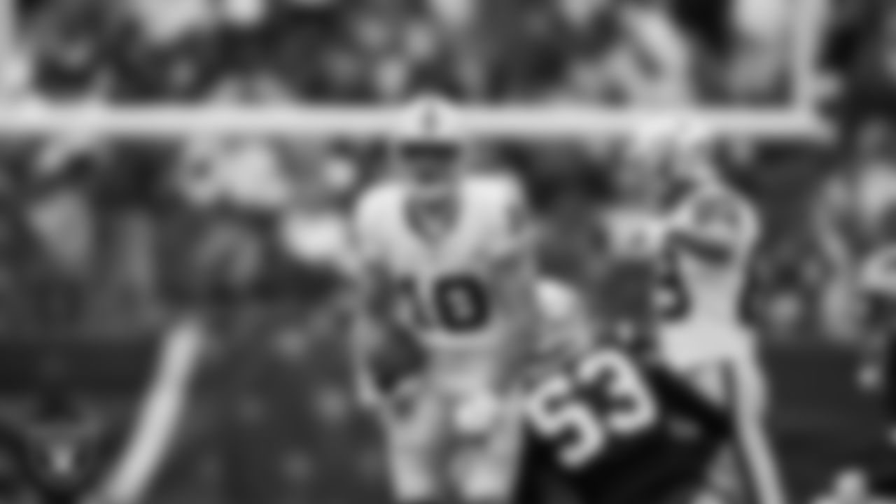 Las Vegas Raiders wide receiver Jack Bech (18) celebrates after making a first down during the regular season away game against the New England Patriots at Gillette Stadium.