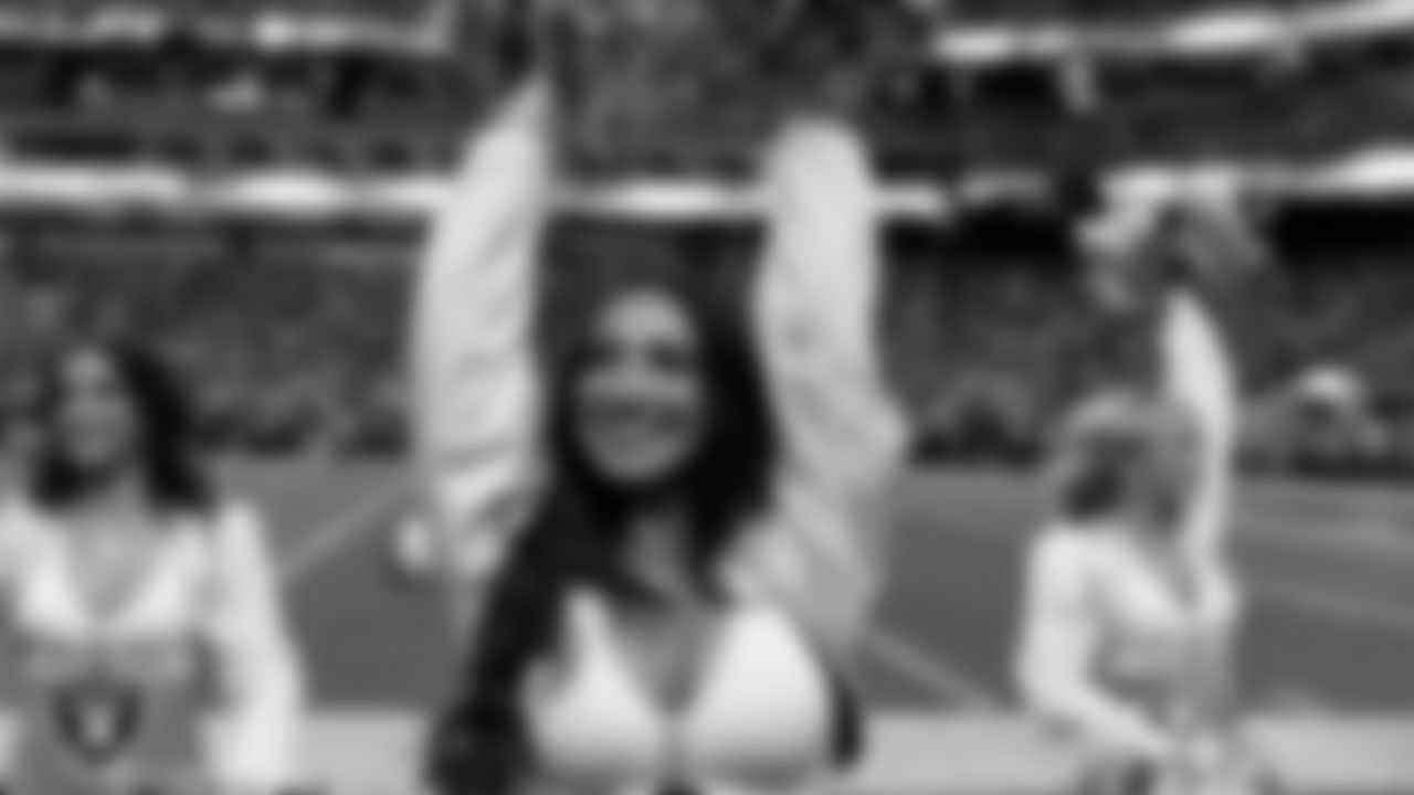 Raiderette Cheyanne on the sidelines during the regular season home game against the Denver Broncos at Allegiant Stadium.
