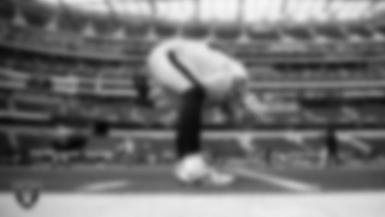Las Vegas Raiders long snapper Jacob Bobenmoyer (50) warming up before the regular season away game against the Los Angeles Chargers at SoFi Stadium.