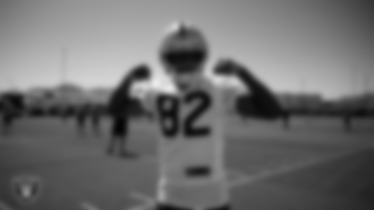 Las Vegas Raiders wide receiver Zakhari Franklin (82) on the field for mandatory minicamp at Intermountain Health Performance Center.