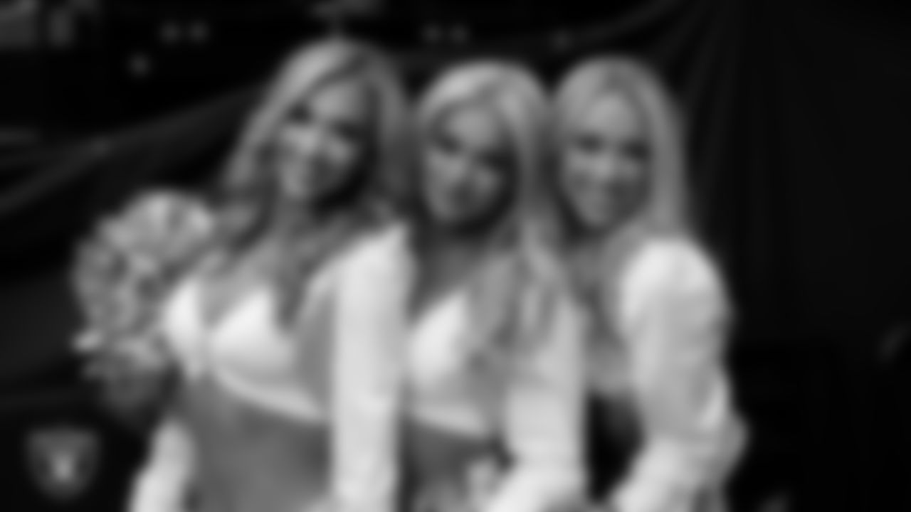 Raiderettes Taylor, Pip and Delaney in the tunnel before the preseason home game against the San Francisco 49ers at Allegiant Stadium.