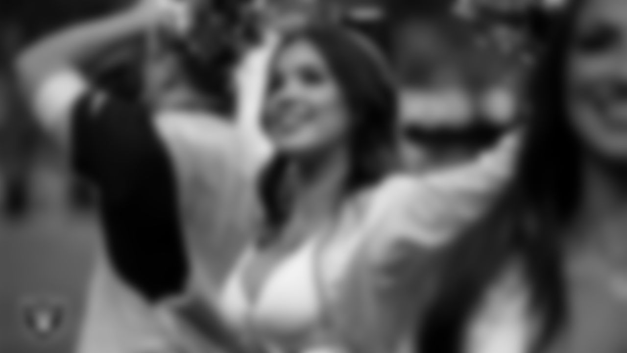 Raiderette Reagan on the sidelines during the regular season home game against the Cleveland Browns at Allegiant Stadium.