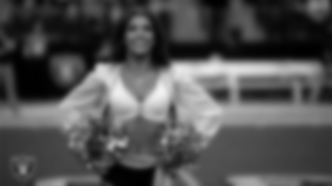 Raiderette Ashtin during player introductions before the regular season home game against the Cleveland Browns at Allegiant Stadium.