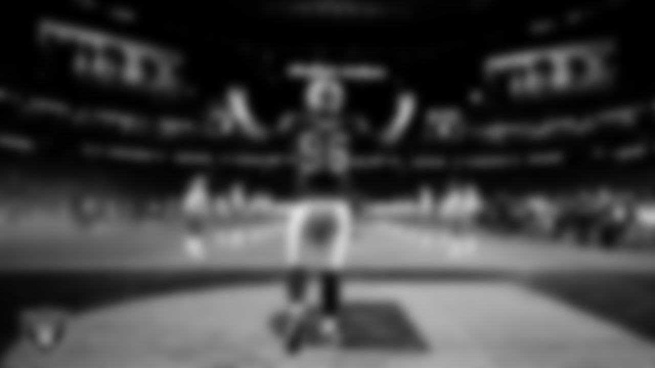 Las Vegas Raiders defensive tackle Jonah Laulu (96) is introduced onto the field before the regular season home game against the Dallas Cowboys at Allegiant Stadium.