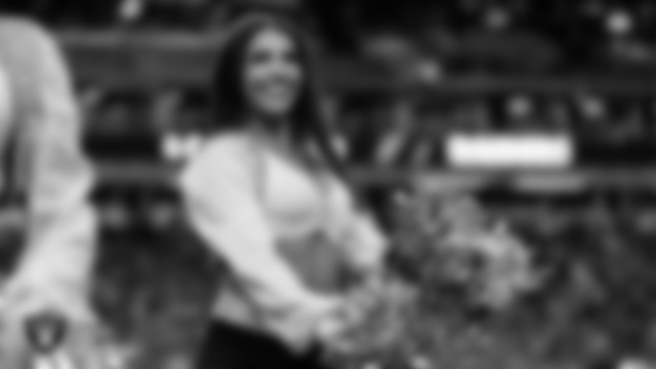 Raiderette Ashtin on the sidelines during the regular season home game against the Denver Broncos at Allegiant Stadium.