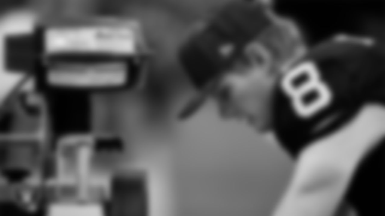 Las Vegas Raiders kicker Daniel Carlson (8) warming up before the regular season home game against the Cleveland Browns at Allegiant Stadium.