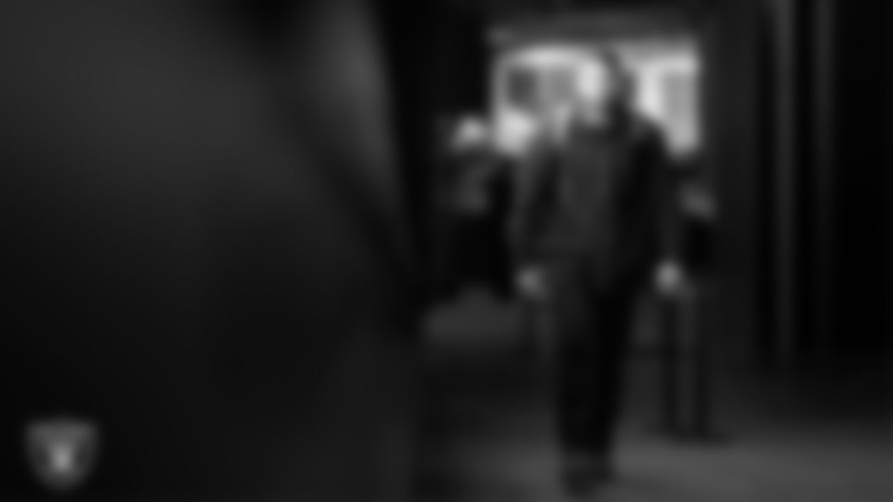 Las Vegas Raiders linebacker Jon Rhattigan (59) arrives to the regular season home game against the Denver Broncos at Allegiant Stadium.