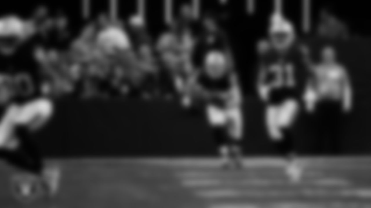 Las Vegas Raiders running back Dylan Laube (23) returns a kickoff during the regular season home game against the Denver Broncos at Allegiant Stadium.