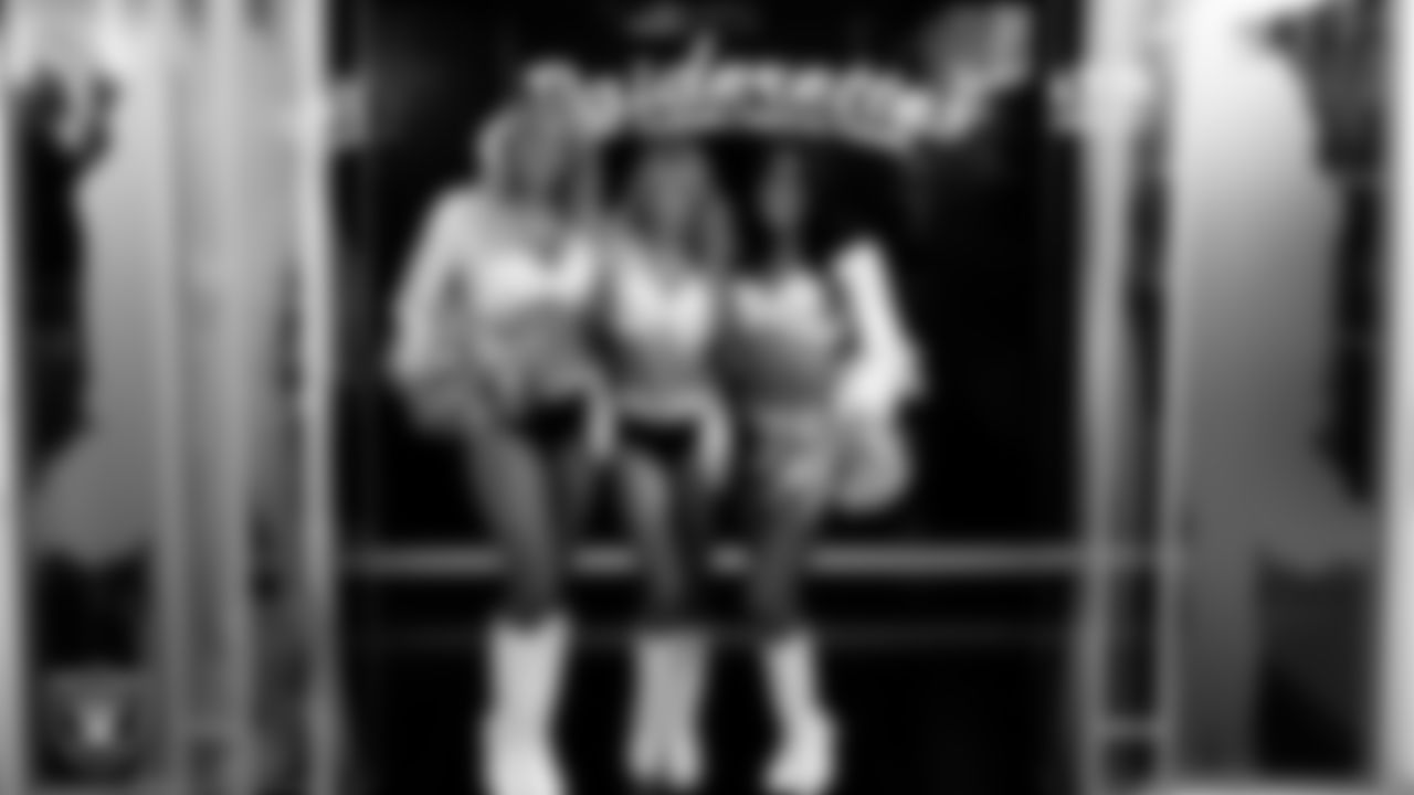 Raiderettes Cori, Jordie and Macy in the locker room before the regular season home game against the Cleveland Browns at Allegiant Stadium.