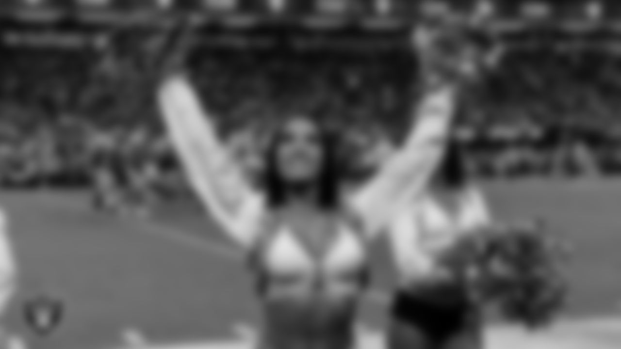 Raiderette Kylie on the sidelines during the regular season home game against the Dallas Cowboys at Allegiant Stadium.