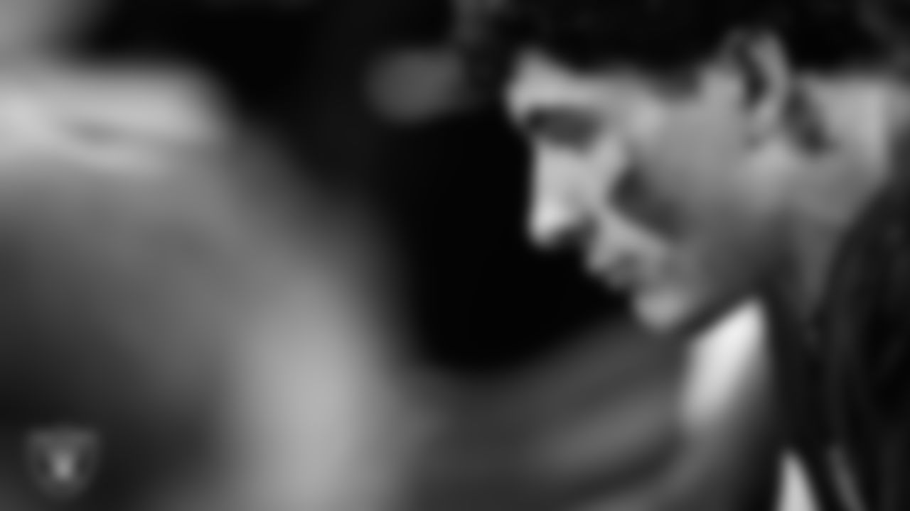 Las Vegas Raiders tight end Carter Runyon (46) on the bench during the regular season home game against the Denver Broncos at Allegiant Stadium.