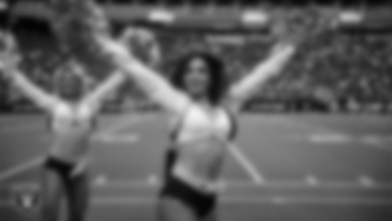 Raiderette Annalise performs on the sidelines during a 2025 Training Camp mock game at Allegiant Stadium.