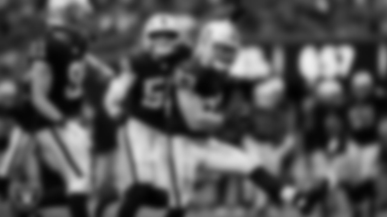 Las Vegas Raiders running back Dylan Laube (23) celebrates after making a tackle during the regular season home game against the Tennessee Titans at Allegiant Stadium.