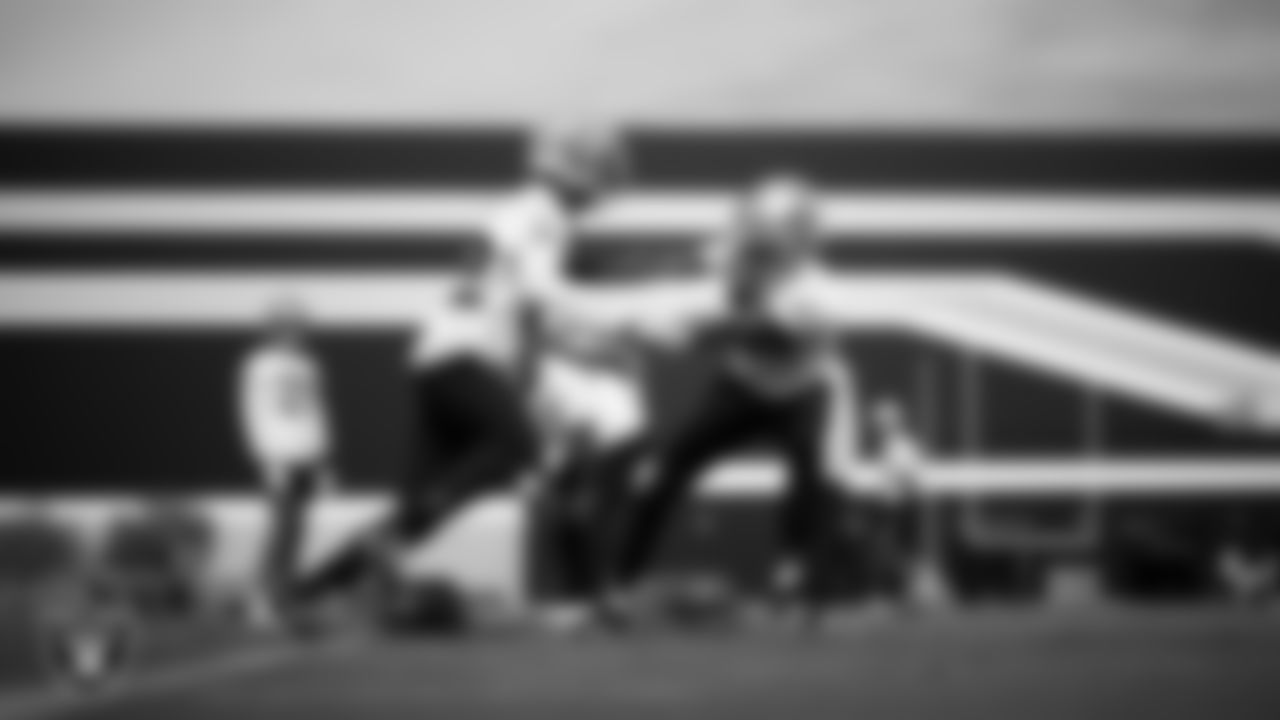 Las Vegas Raiders cornerback Eric Stokes (22) and cornerback Decamerion Richardson (25) during practice at Intermountain Health Performance Center.