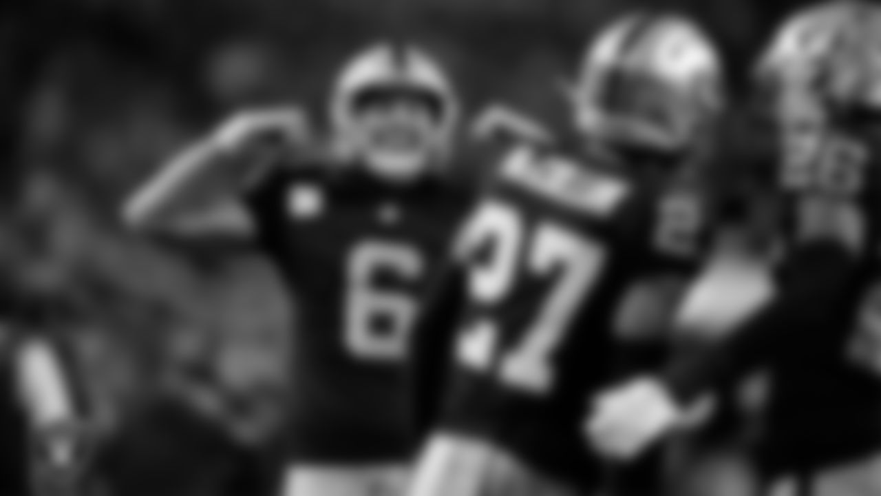 Las Vegas Raiders punter AJ Cole (6) celebrates after punting during the regular season home game against the Dallas Cowboys at Allegiant Stadium.