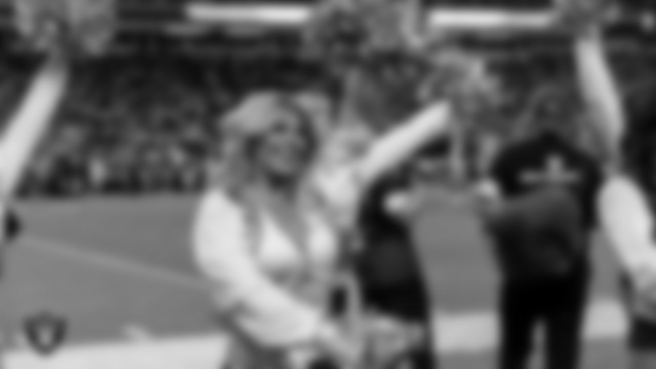 Raiderette Isabella on the sidelines during the regular season home game against the Dallas Cowboys at Allegiant Stadium.