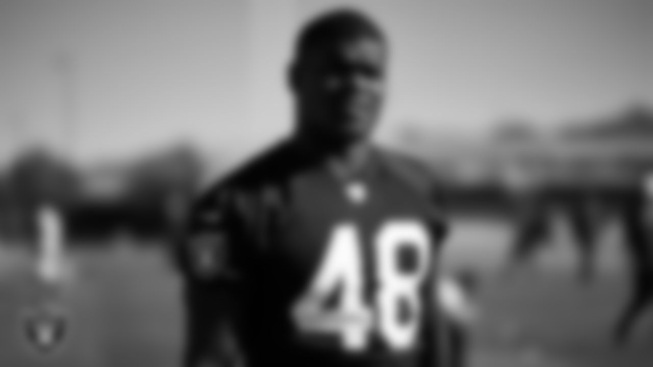 Las Vegas Raiders linebacker Jamin Davis (48) during practice at Intermountain Health Performance Center.