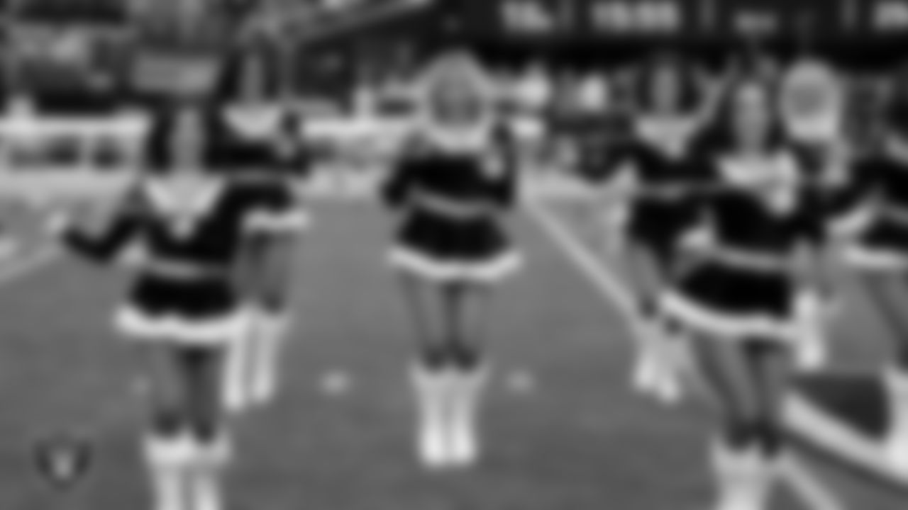 Raiderette Devyn performs on the field before the regular season home game against the New York Giants at Allegiant Stadium.