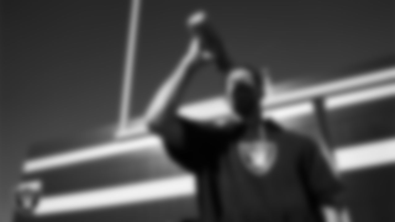 Las Vegas Raiders run game coordinator/defensive line coach Rob Leonard during practice at Intermountain Health Performance Center.