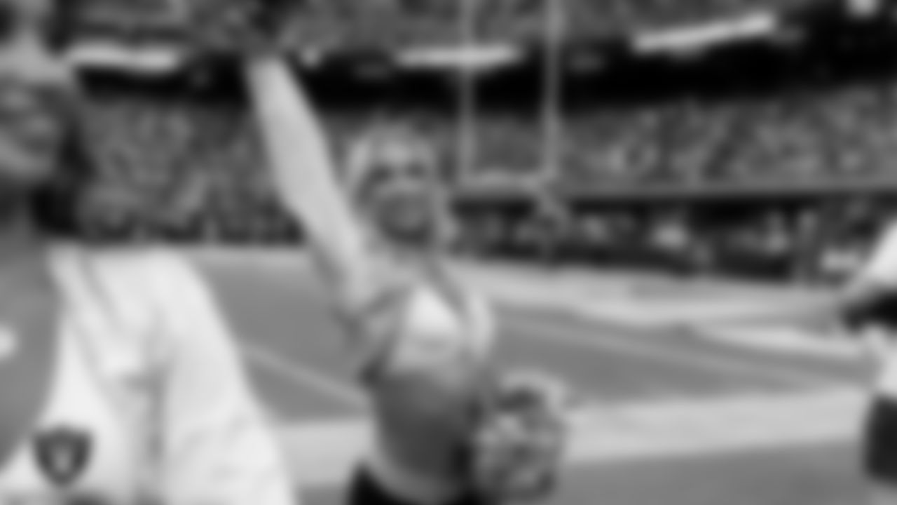 Raiderette Delaney on the sidelines during the preseason home game against the San Francisco 49ers at Allegiant Stadium.