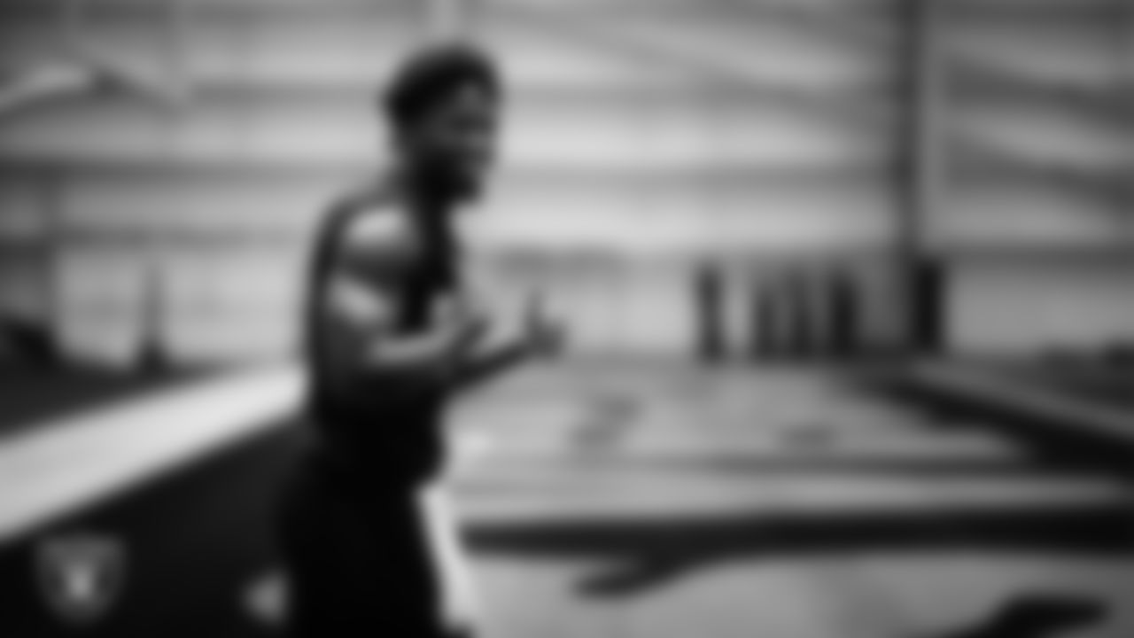 Las Vegas Raiders linebacker Amari Gainer (53) at a workout during phase two of the offseason program at Intermountain Health Performance Center.