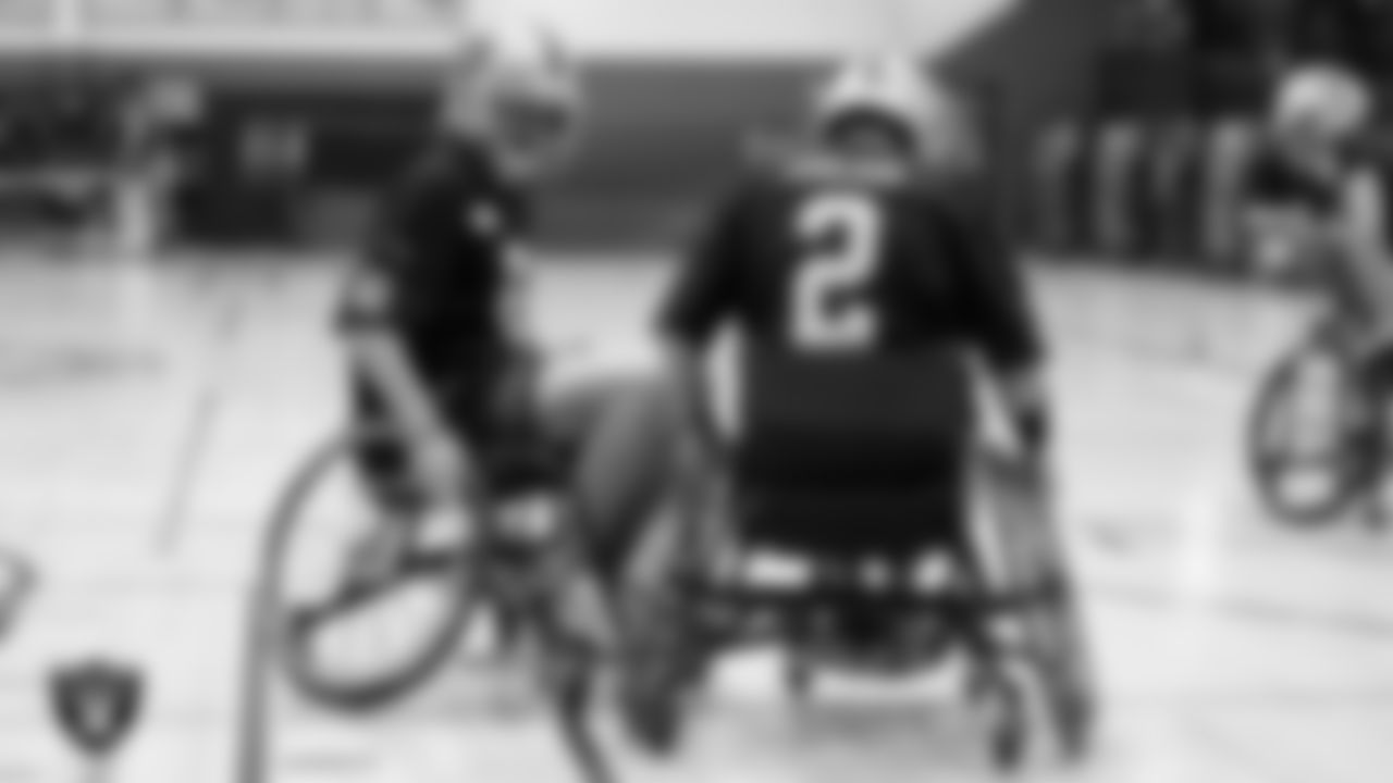 Las Vegas Raiders punter AJ Cole (6) and kicker Daniel Carlson (2) during a City of Las Vegas Wheelchair Football League practice at Dula Community Center.
