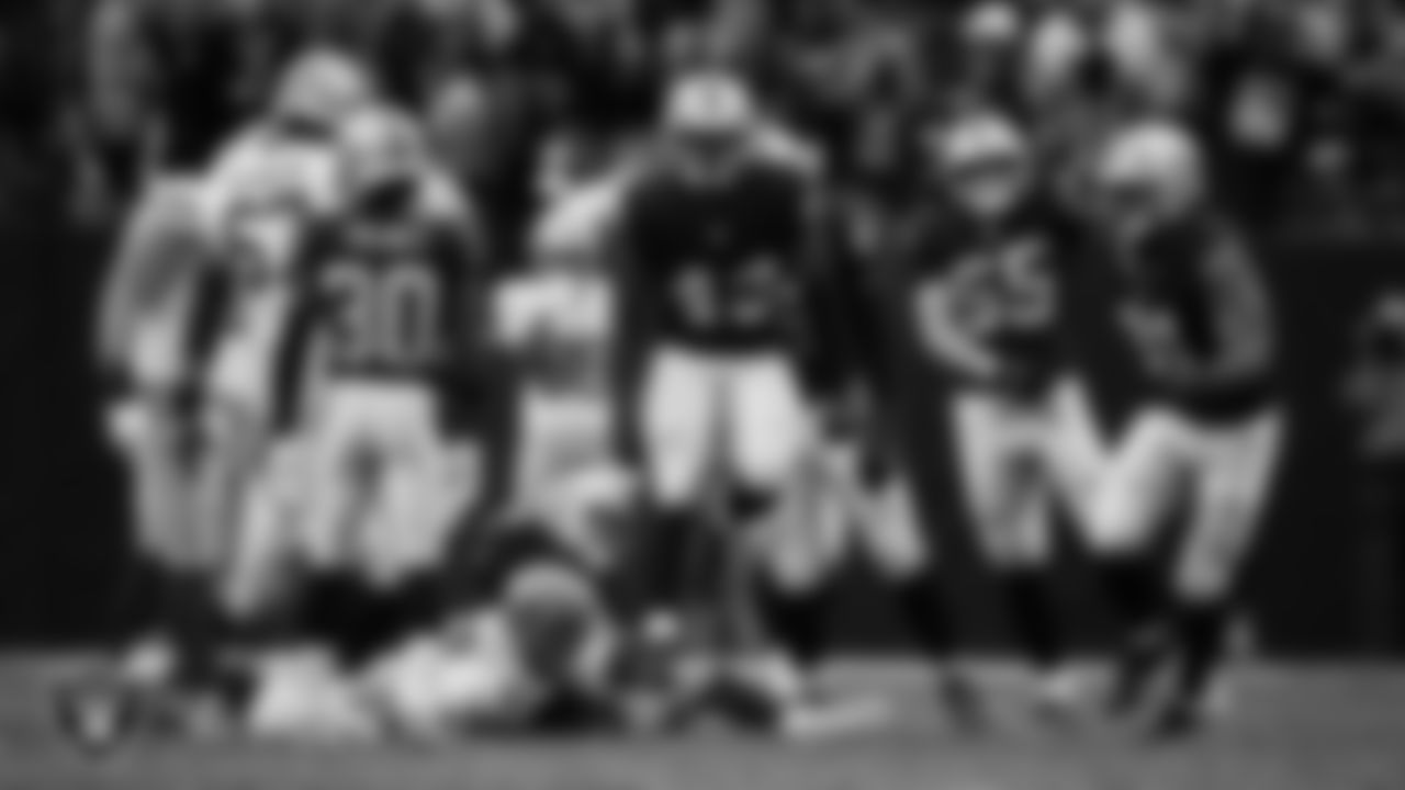 Las Vegas Raiders linebacker Michael Barrett (43) celebrates after sacking the quarterback during the preseason home game against the San Francisco 49ers at Allegiant Stadium.