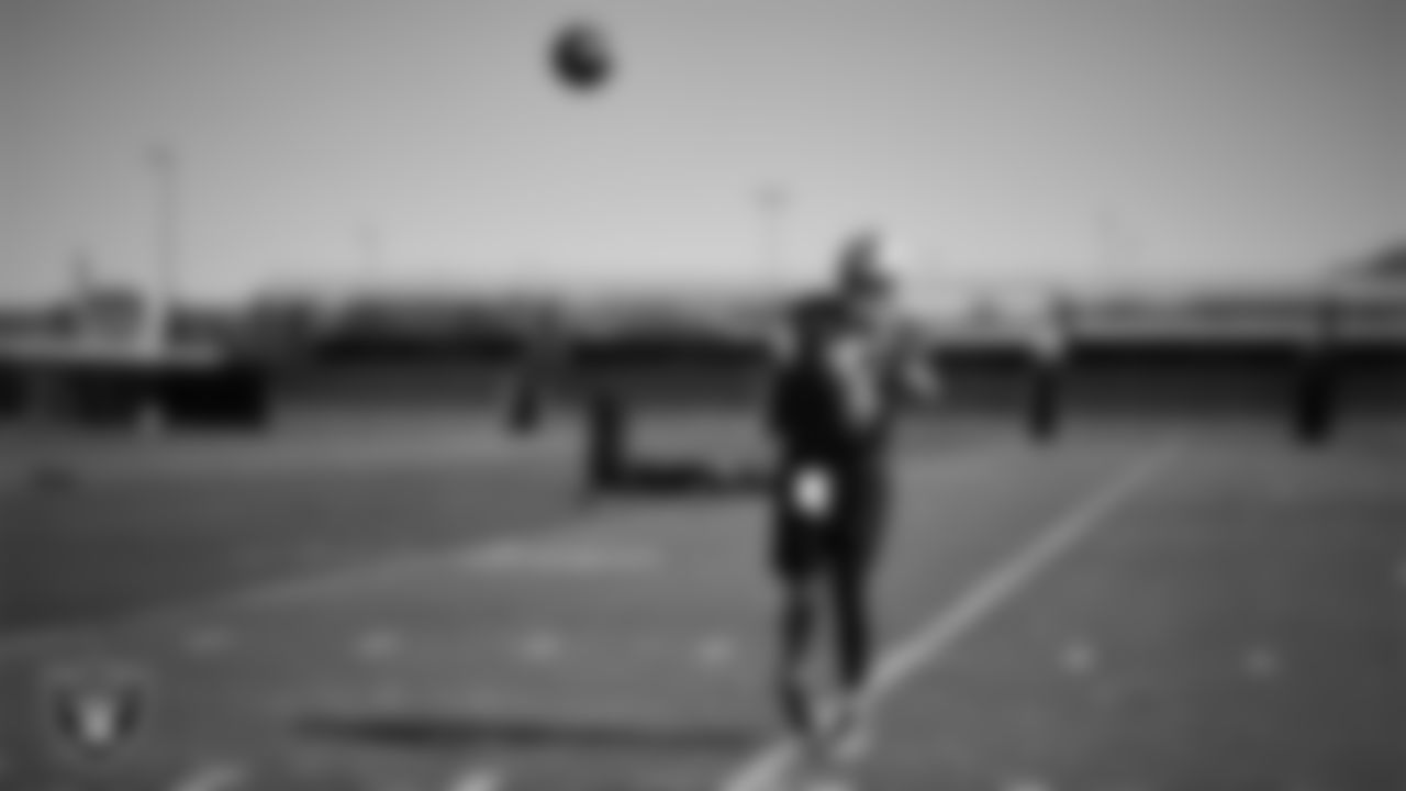 Las Vegas Raiders quarterback Aidan O'Connell (12) during practice at Intermountain Health Performance Center.