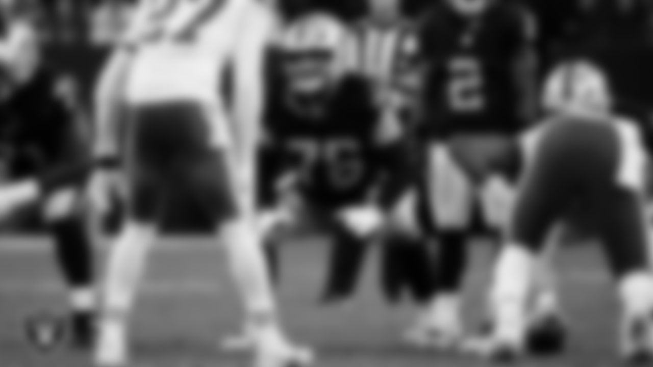 Las Vegas Raiders guard Caleb Rogers (76) lines up before the snap during the regular season home game against the Kansas City Chiefs at Allegiant Stadium.