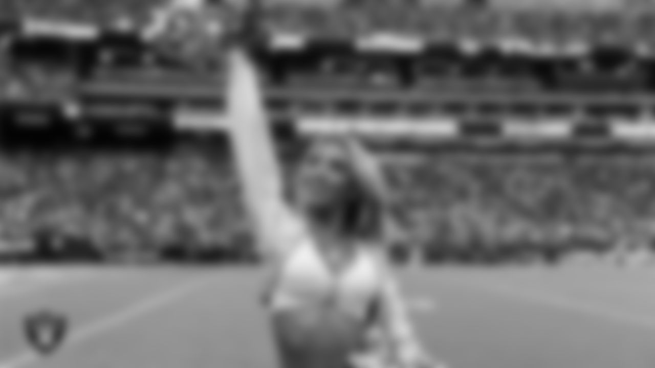 Raiderette Hayley on the sidelines during the preseason home game against the San Francisco 49ers at Allegiant Stadium.